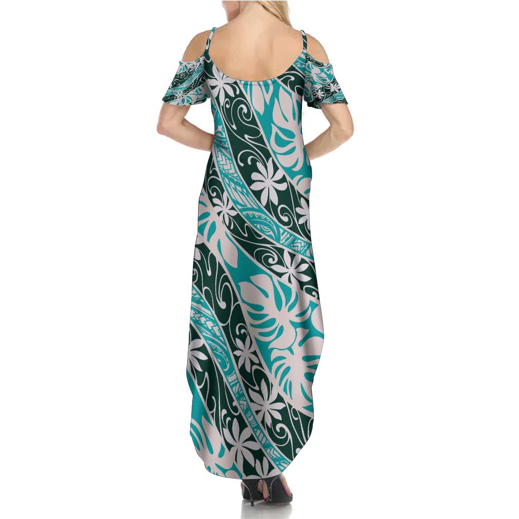 Cyan Tahiti Tiare Monstera Summer Maxi Dress Polynesian Pattern Curve Style - Polynesian Pride