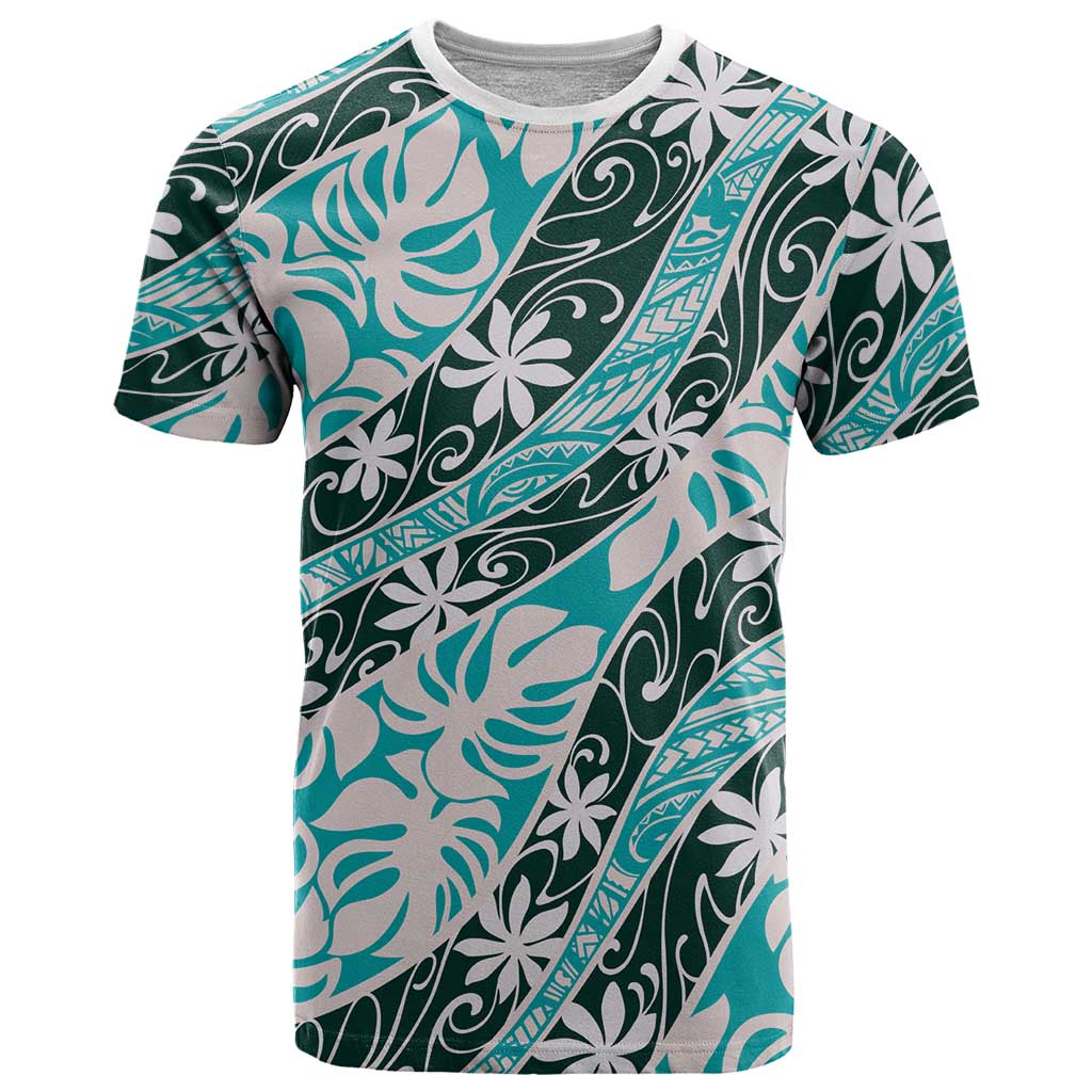 Cyan Tahiti Tiare Monstera T Shirt Polynesian Pattern Curve Style - Polynesian Pride