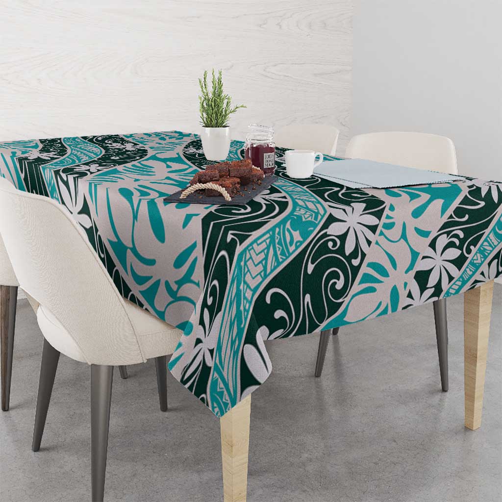 Cyan Tahiti Tiare Monstera Tablecloth Polynesian Pattern Curve Style - Polynesian Pride