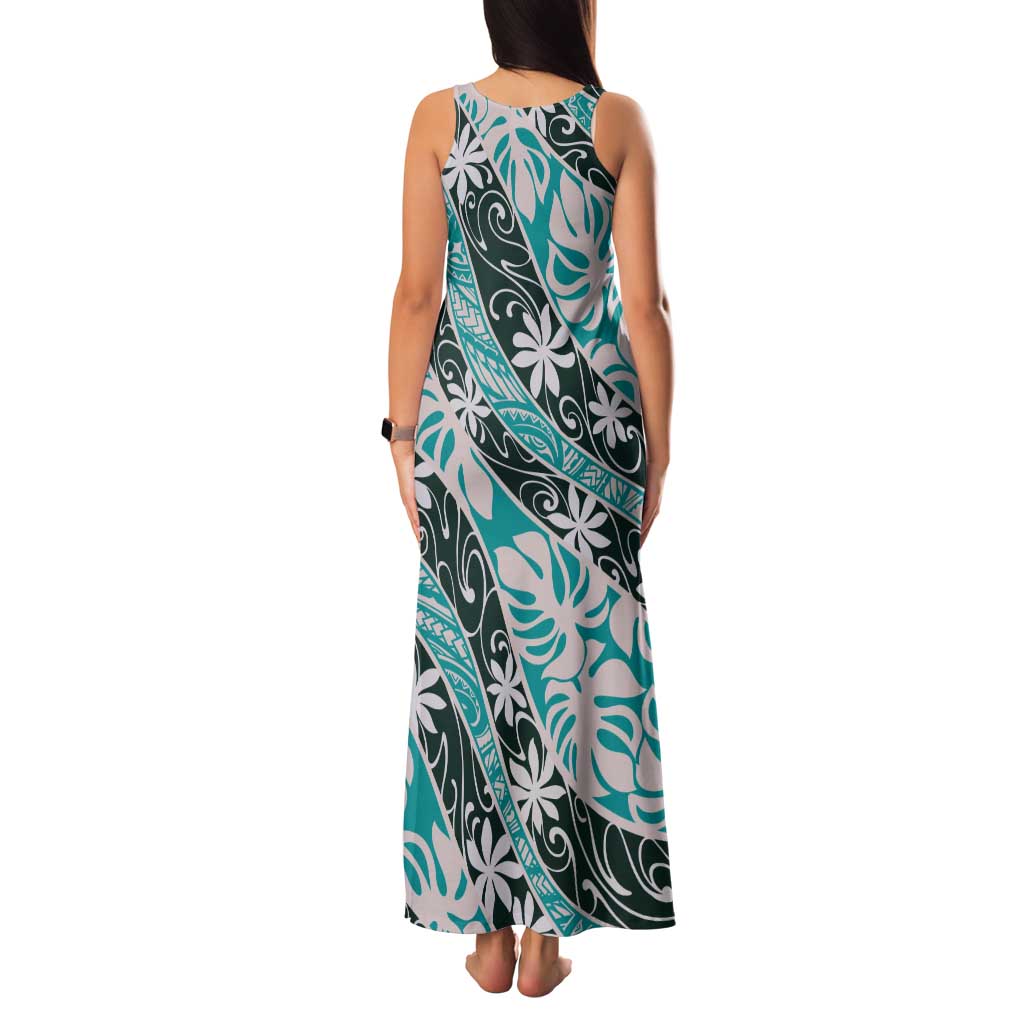 Cyan Tahiti Tiare Monstera Tank Maxi Dress Polynesian Pattern Curve Style - Polynesian Pride
