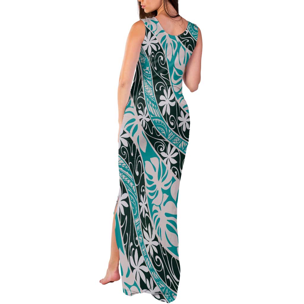 Cyan Tahiti Tiare Monstera Tank Maxi Dress Polynesian Pattern Curve Style - Polynesian Pride