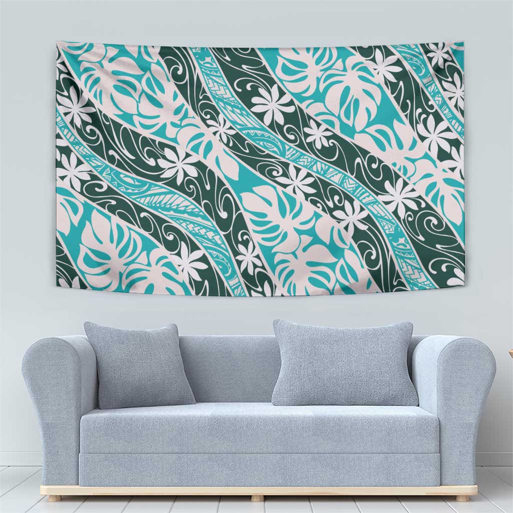 Cyan Tahiti Tiare Monstera Tapestry Polynesian Pattern Curve Style - Polynesian Pride