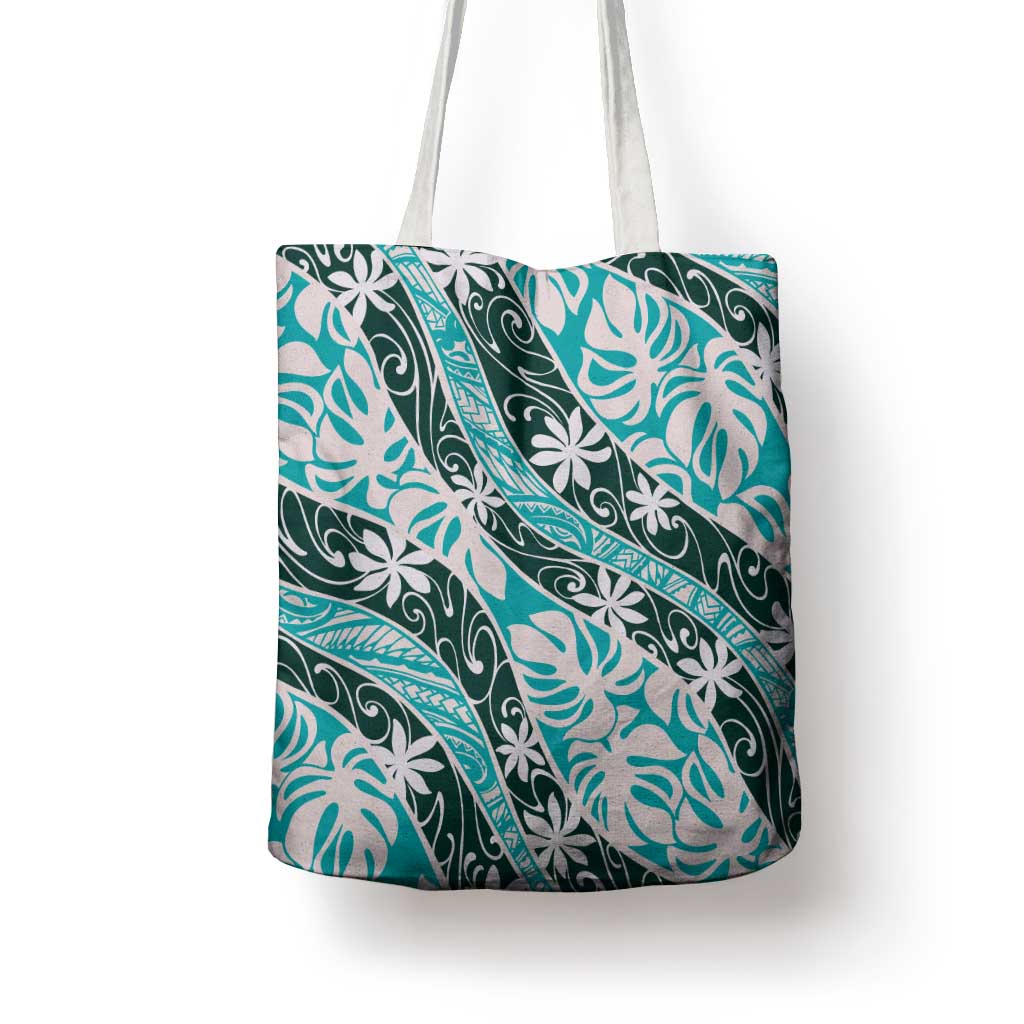 Cyan Tahiti Tiare Monstera Tote Bag Polynesian Pattern Curve Style - Polynesian Pride