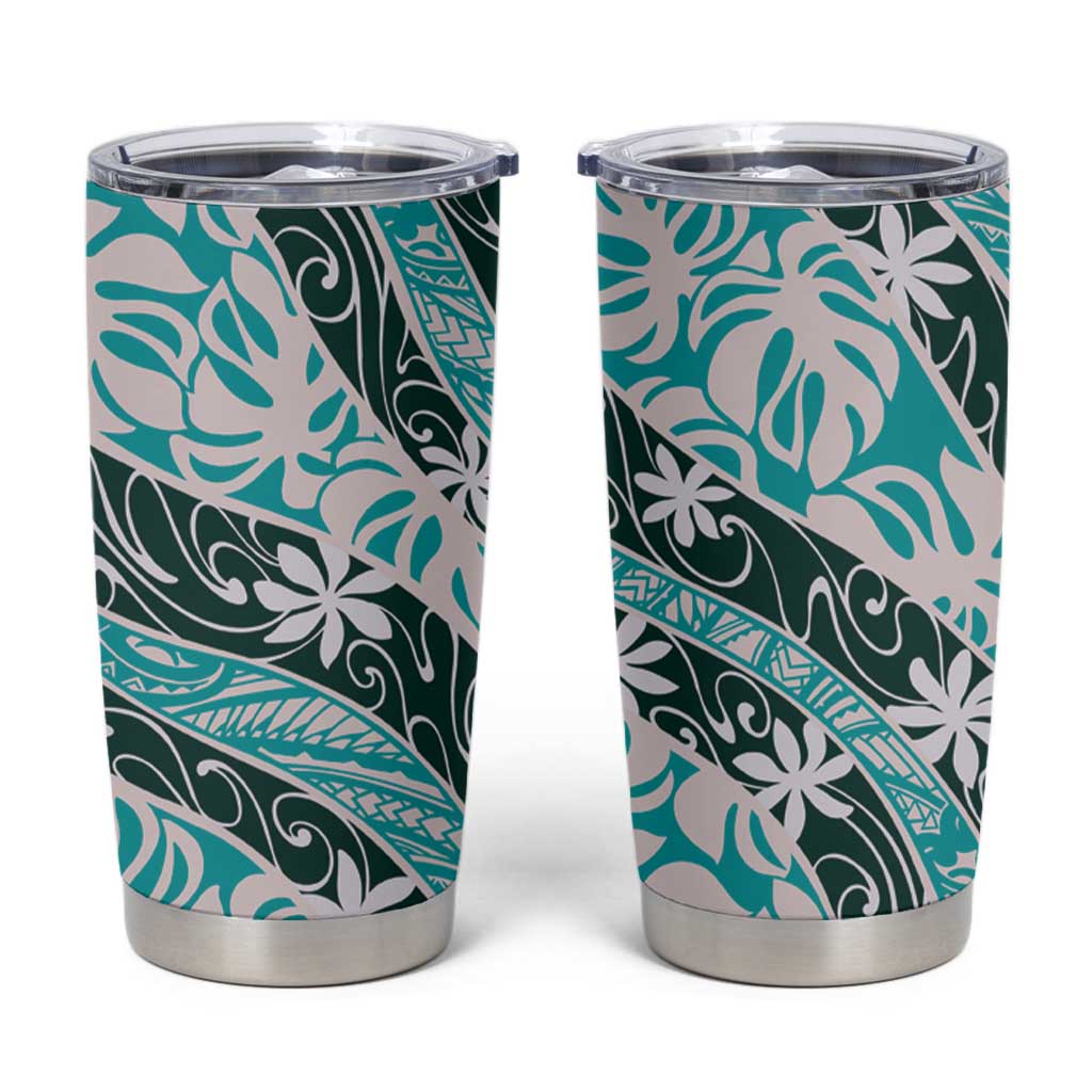 Cyan Tahiti Tiare Monstera Tumbler Cup Polynesian Pattern Curve Style - Polynesian Pride