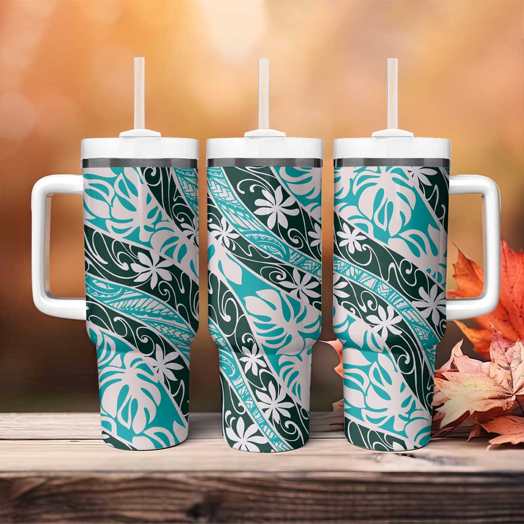 Cyan Tahiti Tiare Monstera Tumbler With Handle Polynesian Pattern Curve Style - Polynesian Pride
