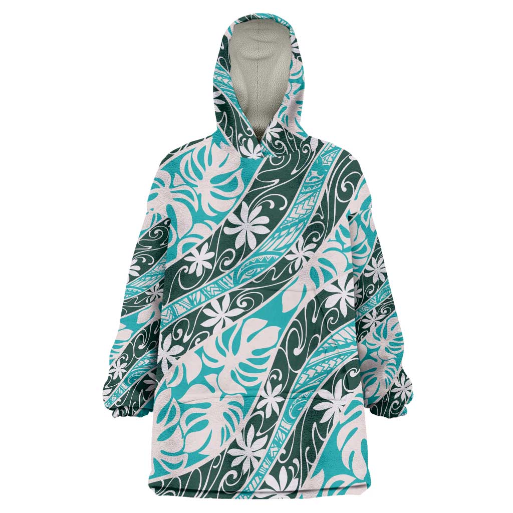 Cyan Tahiti Tiare Monstera Wearable Blanket Hoodie Polynesian Pattern Curve Style - Polynesian Pride