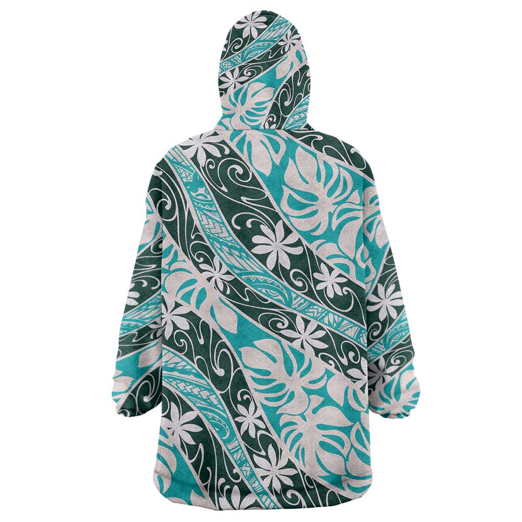 Cyan Tahiti Tiare Monstera Wearable Blanket Hoodie Polynesian Pattern Curve Style - Polynesian Pride