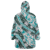 Cyan Tahiti Tiare Monstera Wearable Blanket Hoodie Polynesian Pattern Curve Style - Polynesian Pride