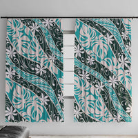 Cyan Tahiti Tiare Monstera Window Curtain Polynesian Pattern Curve Style - Polynesian Pride