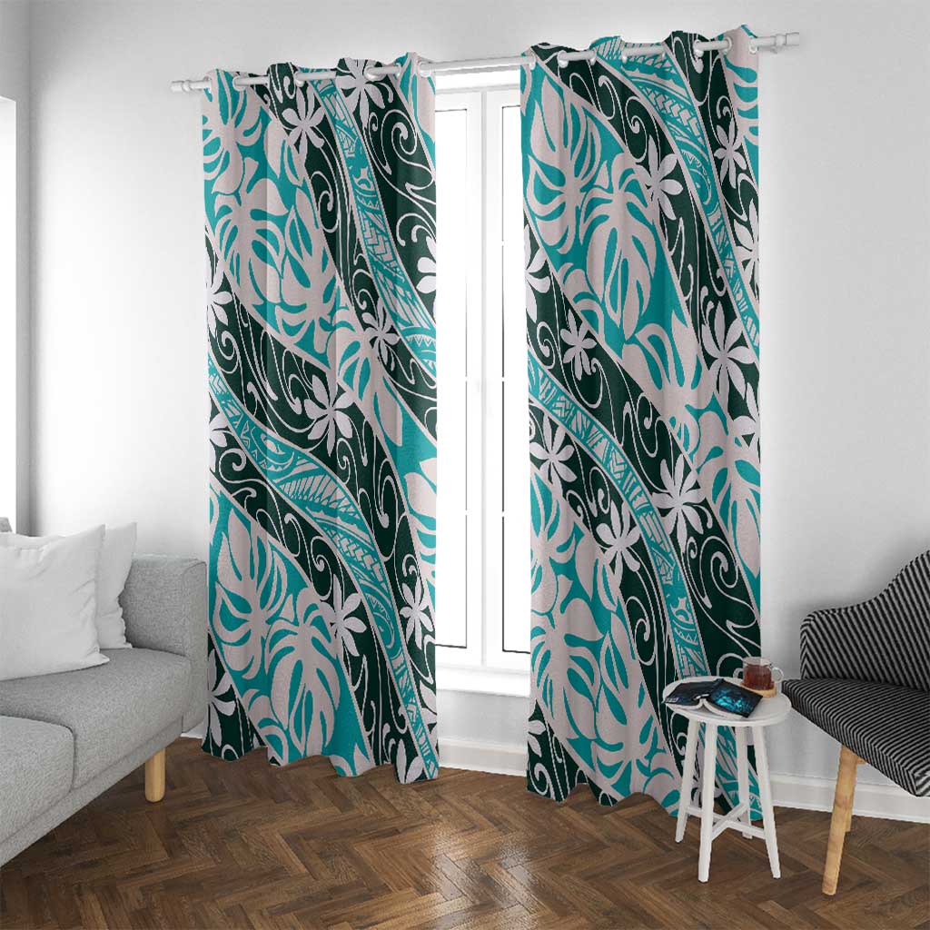 Cyan Tahiti Tiare Monstera Window Curtain Polynesian Pattern Curve Style - Polynesian Pride