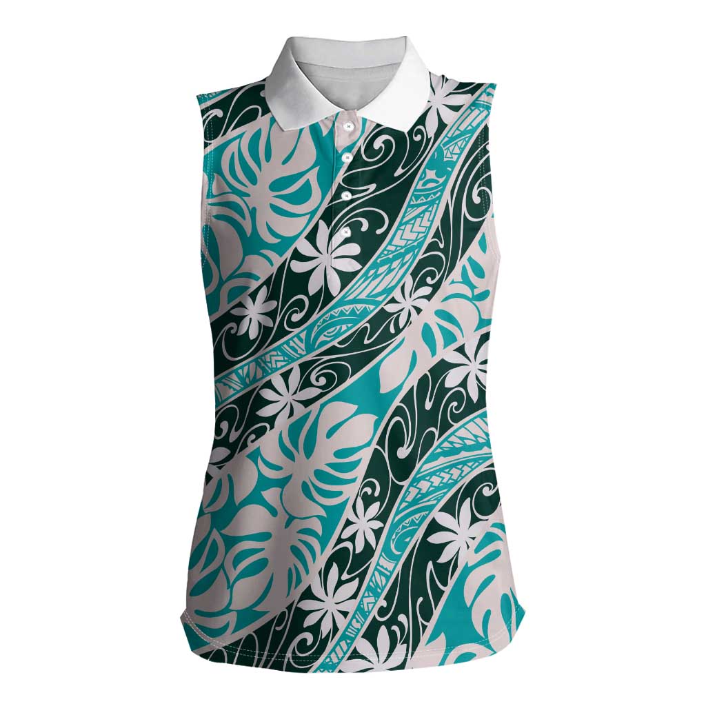 Cyan Tahiti Tiare Monstera Women Sleeveless Polo Shirt Polynesian Pattern Curve Style - Polynesian Pride