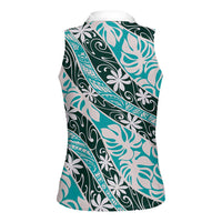 Cyan Tahiti Tiare Monstera Women Sleeveless Polo Shirt Polynesian Pattern Curve Style - Polynesian Pride