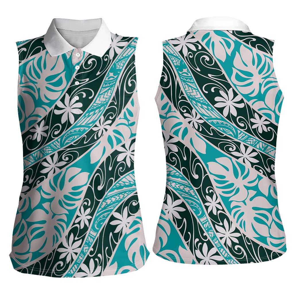 Cyan Tahiti Tiare Monstera Women Sleeveless Polo Shirt Polynesian Pattern Curve Style - Polynesian Pride
