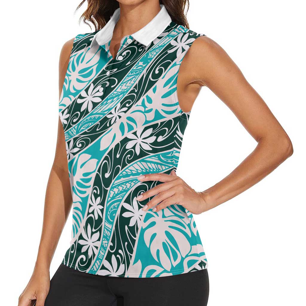 Cyan Tahiti Tiare Monstera Women Sleeveless Polo Shirt Polynesian Pattern Curve Style - Polynesian Pride