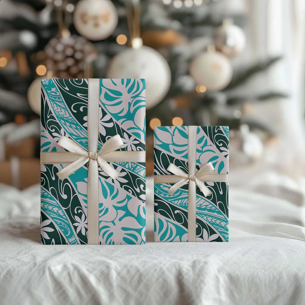 Cyan Tahiti Tiare Monstera Wrapping Paper Polynesian Pattern Curve Style - Polynesian Pride