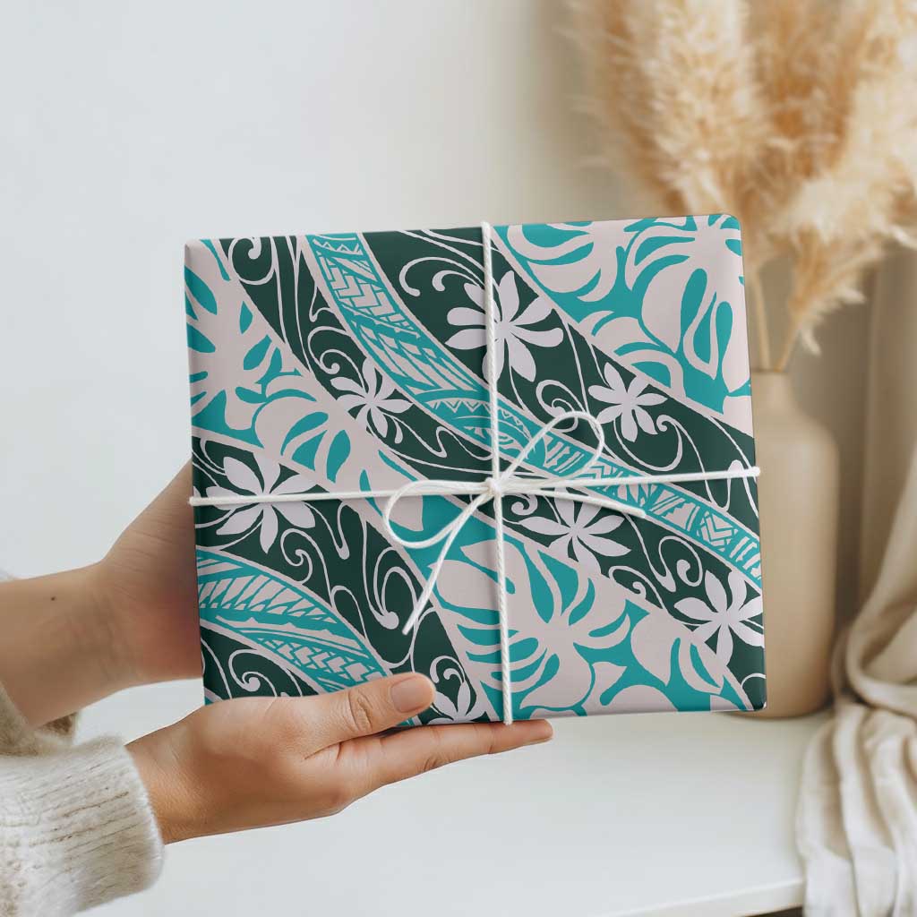 Cyan Tahiti Tiare Monstera Wrapping Paper Polynesian Pattern Curve Style - Polynesian Pride