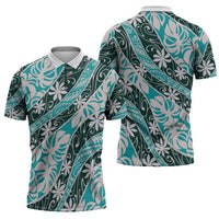 Cyan Tahiti Tiare Monstera Zipper Polo Shirt Polynesian Pattern Curve Style - Polynesian Pride