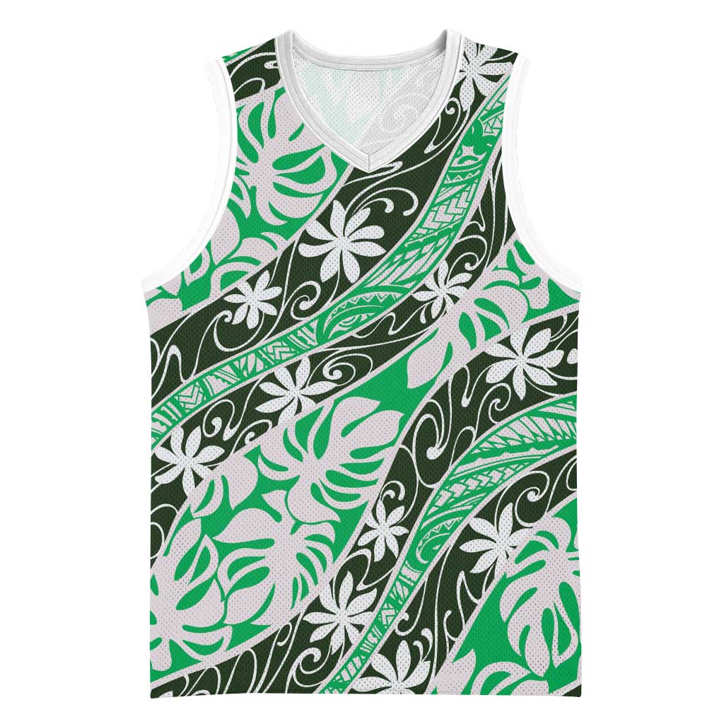 Matie Tahiti Tiare Monstera Basketball Jersey Polynesian Pattern Curve Style - Polynesian Pride