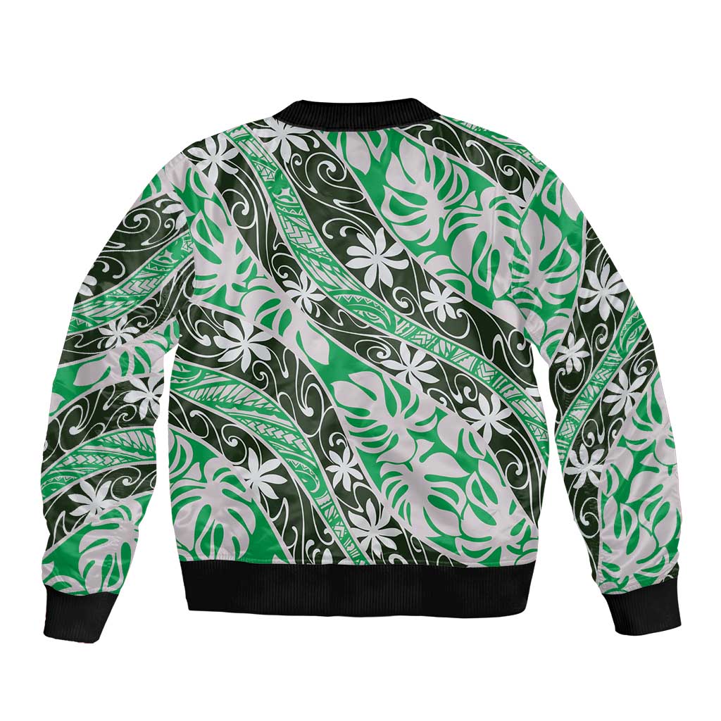 Matie Tahiti Tiare Monstera Bomber Jacket Polynesian Pattern Curve Style - Polynesian Pride