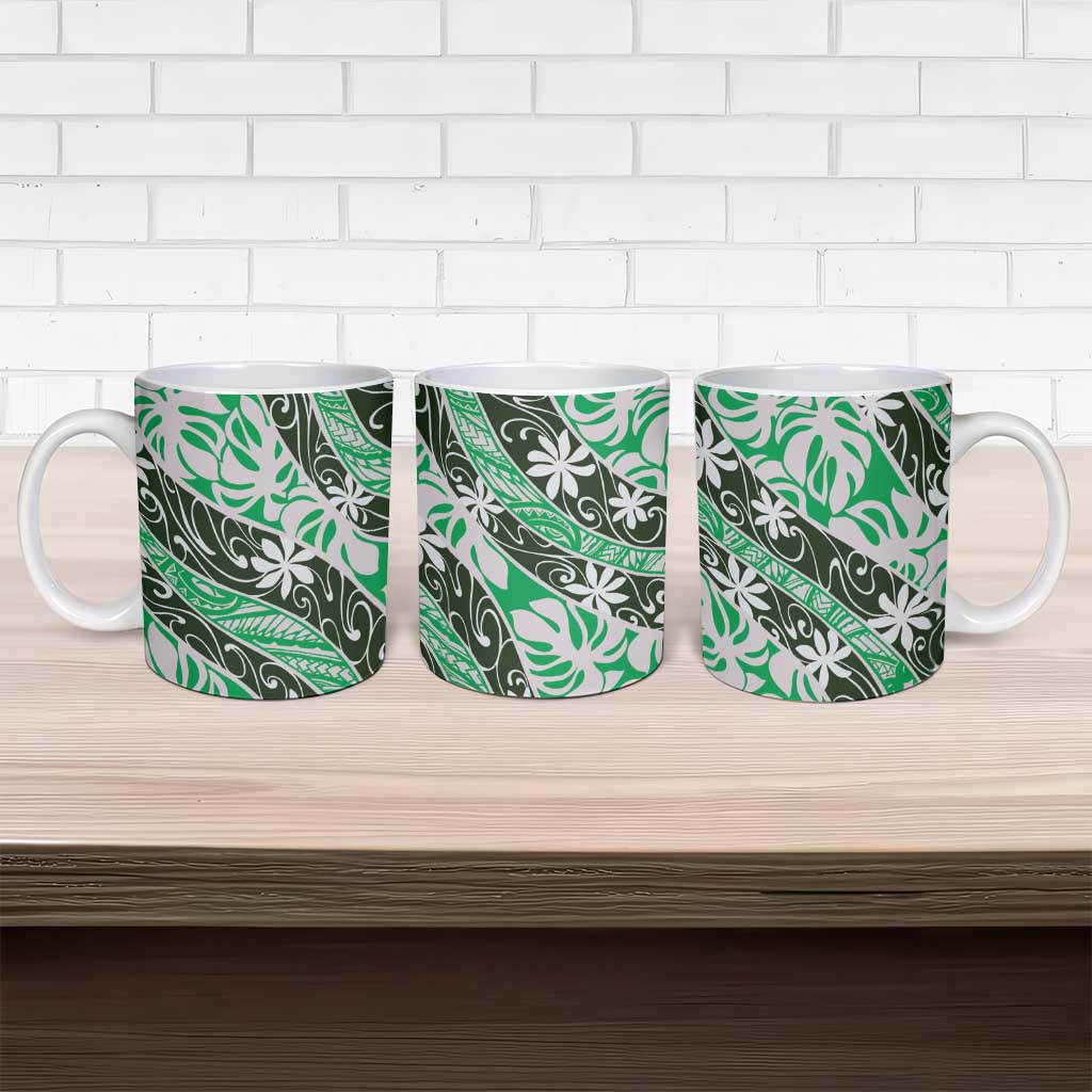 Matie Tahiti Tiare Monstera Ceramic Mug Polynesian Pattern Curve Style - Polynesian Pride