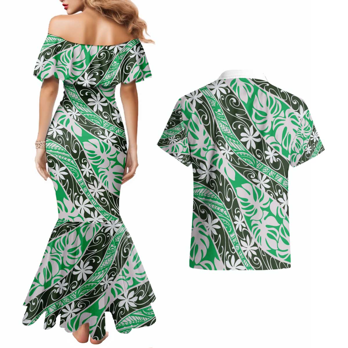 Matie Tahiti Tiare Monstera Couples Matching Mermaid Dress and Hawaiian Shirt Polynesian Pattern Curve Style - Polynesian Pride