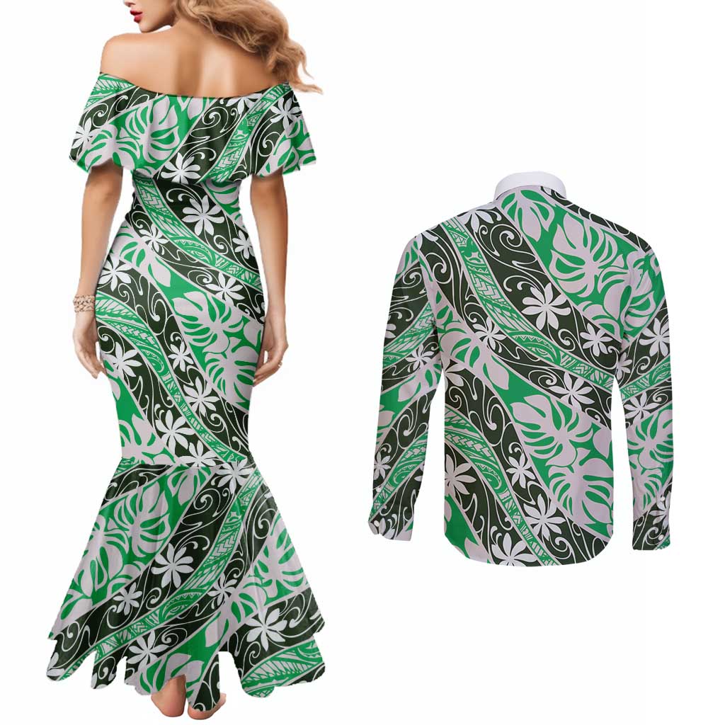 Matie Tahiti Tiare Monstera Couples Matching Mermaid Dress and Long Sleeve Button Shirt Polynesian Pattern Curve Style - Polynesian Pride