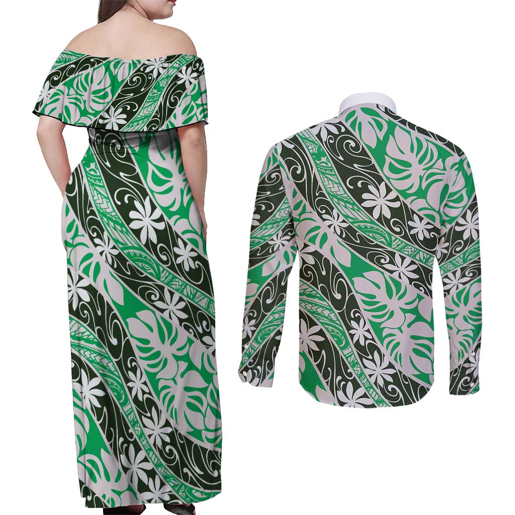 Matie Tahiti Tiare Monstera Couples Matching Off Shoulder Maxi Dress and Long Sleeve Button Shirt Polynesian Pattern Curve Style - Polynesian Pride