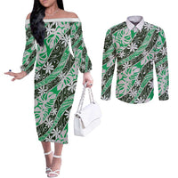 Matie Tahiti Tiare Monstera Couples Matching Off The Shoulder Long Sleeve Dress and Long Sleeve Button Shirt Polynesian Pattern Curve Style - Polynesian Pride