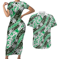 Matie Tahiti Tiare Monstera Couples Matching Short Sleeve Bodycon Dress and Hawaiian Shirt Polynesian Pattern Curve Style - Polynesian Pride