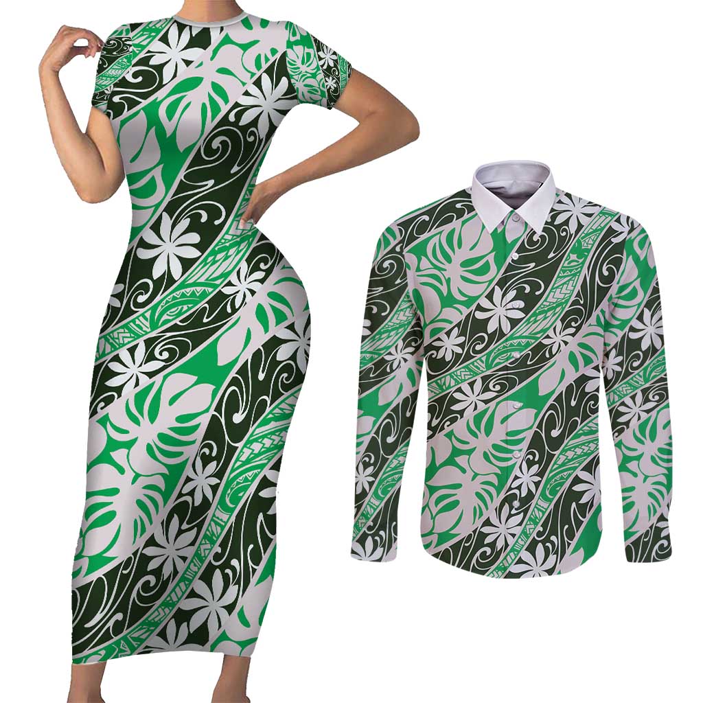 Matie Tahiti Tiare Monstera Couples Matching Short Sleeve Bodycon Dress and Long Sleeve Button Shirt Polynesian Pattern Curve Style - Polynesian Pride