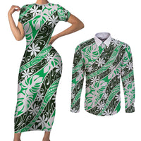 Matie Tahiti Tiare Monstera Couples Matching Short Sleeve Bodycon Dress and Long Sleeve Button Shirt Polynesian Pattern Curve Style - Polynesian Pride