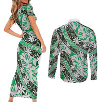 Matie Tahiti Tiare Monstera Couples Matching Short Sleeve Bodycon Dress and Long Sleeve Button Shirt Polynesian Pattern Curve Style - Polynesian Pride