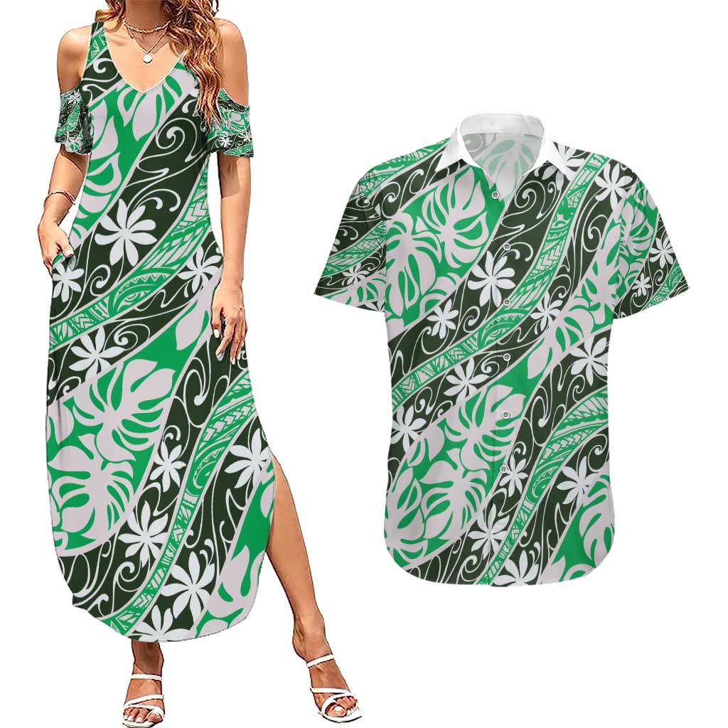 Matie Tahiti Tiare Monstera Couples Matching Summer Maxi Dress and Hawaiian Shirt Polynesian Pattern Curve Style - Polynesian Pride