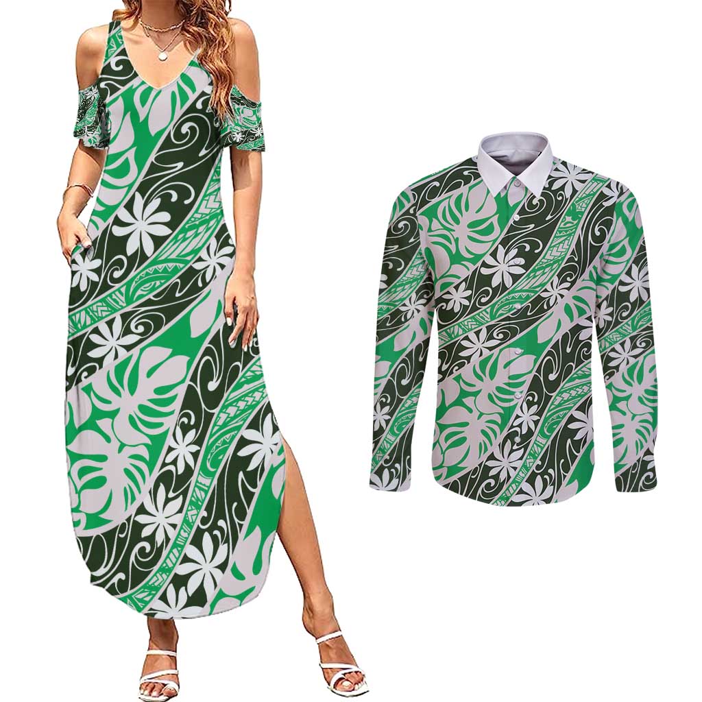 Matie Tahiti Tiare Monstera Couples Matching Summer Maxi Dress and Long Sleeve Button Shirt Polynesian Pattern Curve Style - Polynesian Pride