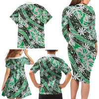 Matie Tahiti Tiare Monstera Family Matching Long Sleeve Bodycon Dress and Hawaiian Shirt Polynesian Pattern Curve Style - Polynesian Pride