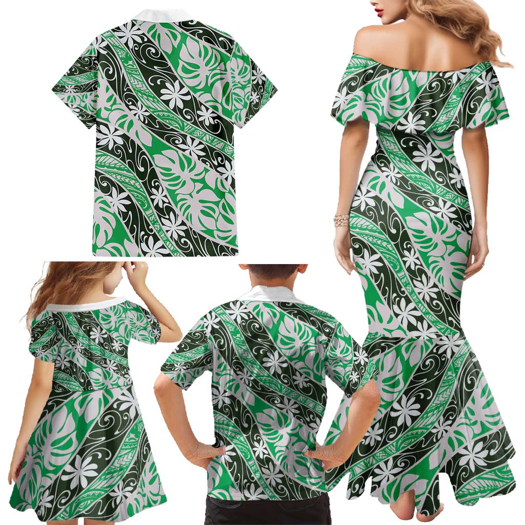 Matie Tahiti Tiare Monstera Family Matching Mermaid Dress and Hawaiian Shirt Polynesian Pattern Curve Style - Polynesian Pride