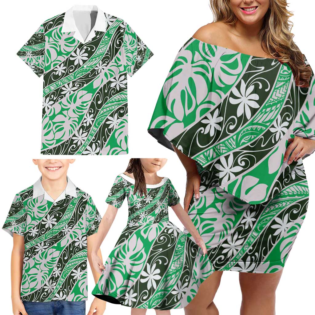 Matie Tahiti Tiare Monstera Family Matching Off Shoulder Short Dress and Hawaiian Shirt Polynesian Pattern Curve Style - Polynesian Pride