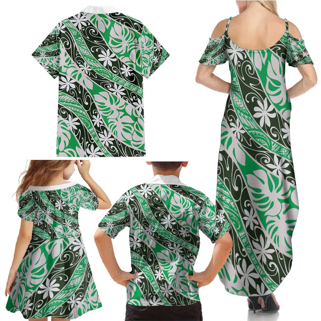 Matie Tahiti Tiare Monstera Family Matching Summer Maxi Dress and Hawaiian Shirt Polynesian Pattern Curve Style - Polynesian Pride