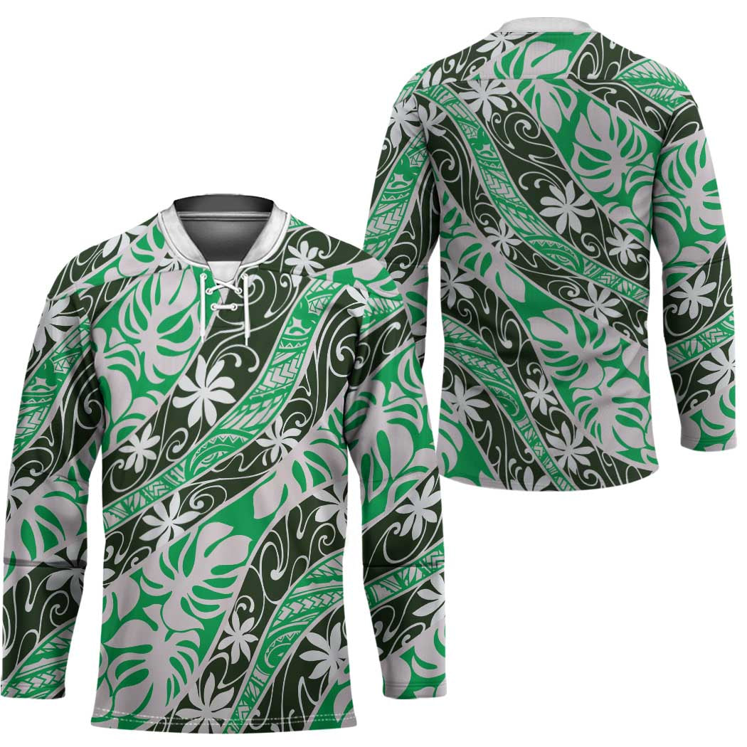 Matie Tahiti Tiare Monstera Hockey Jersey Polynesian Pattern Curve Style - Polynesian Pride