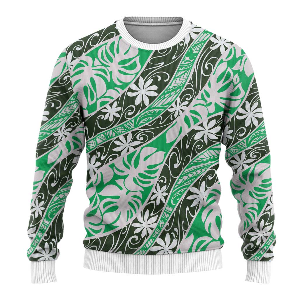 Matie Tahiti Tiare Monstera Ugly Christmas Sweater Polynesian Pattern Curve Style - Polynesian Pride