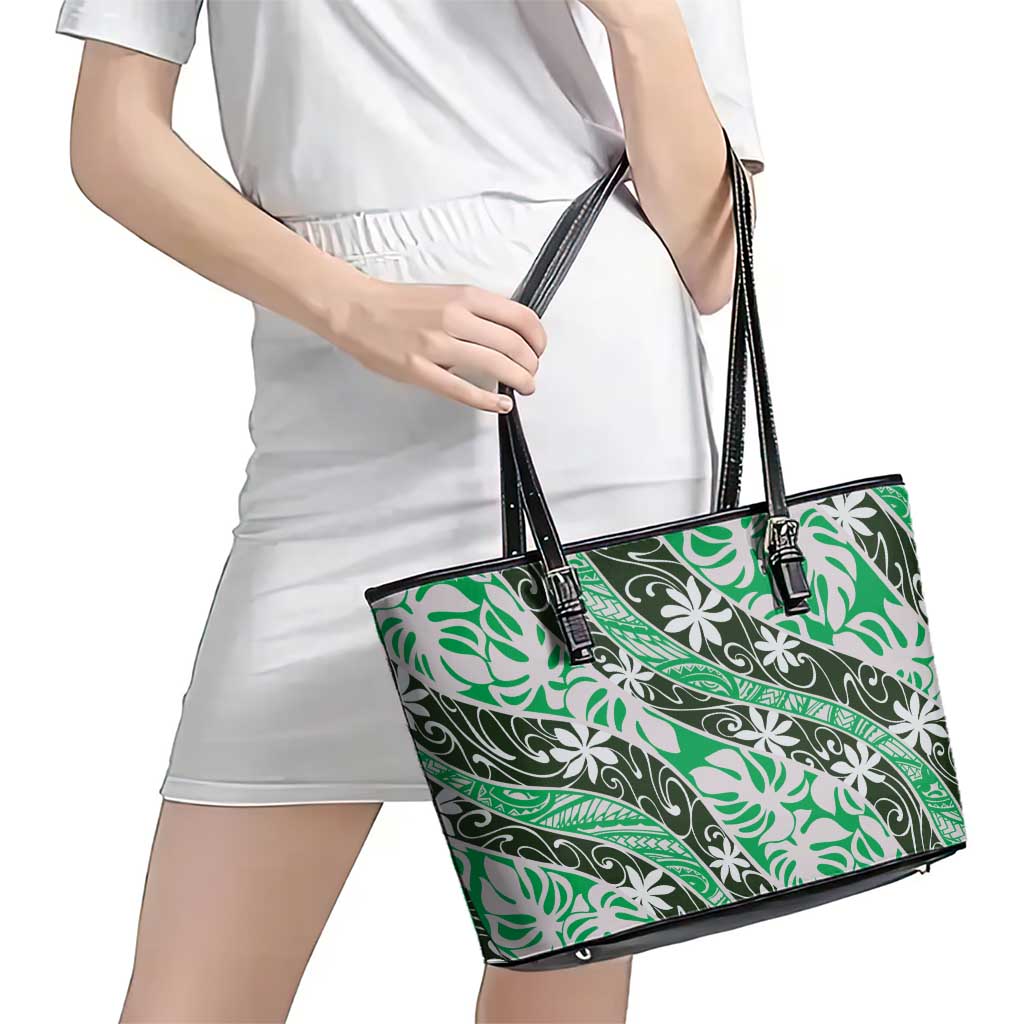 Matie Tahiti Tiare Monstera Leather Tote Bag Polynesian Pattern Curve Style - Polynesian Pride