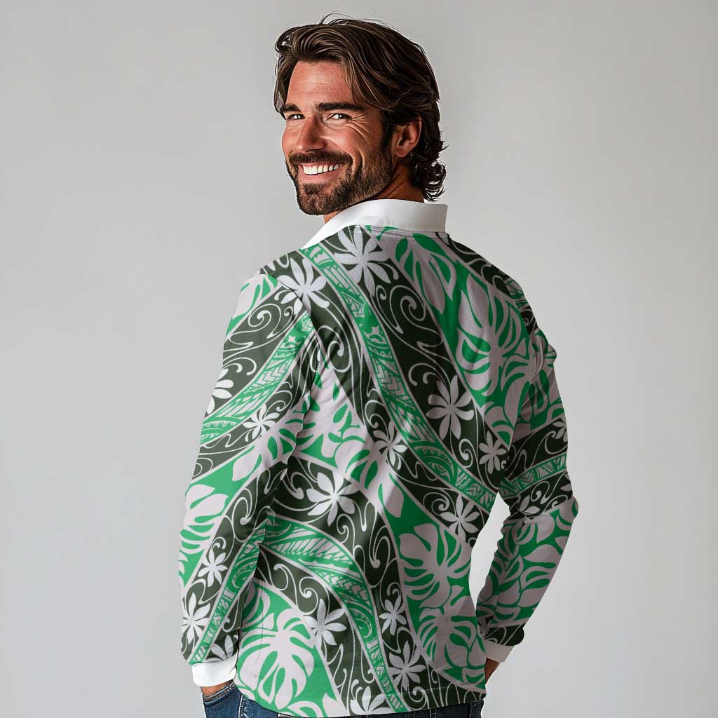 Matie Tahiti Tiare Monstera Long Sleeve Polo Shirt Polynesian Pattern Curve Style - Polynesian Pride