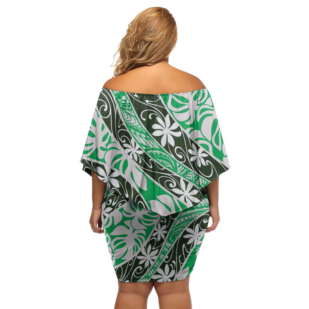 Matie Tahiti Tiare Monstera Off Shoulder Short Dress Polynesian Pattern Curve Style - Polynesian Pride