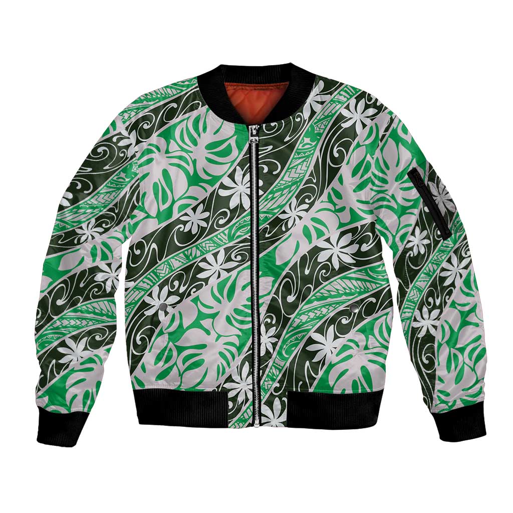 Matie Tahiti Tiare Monstera Sleeve Zip Bomber Jacket Polynesian Pattern Curve Style - Polynesian Pride