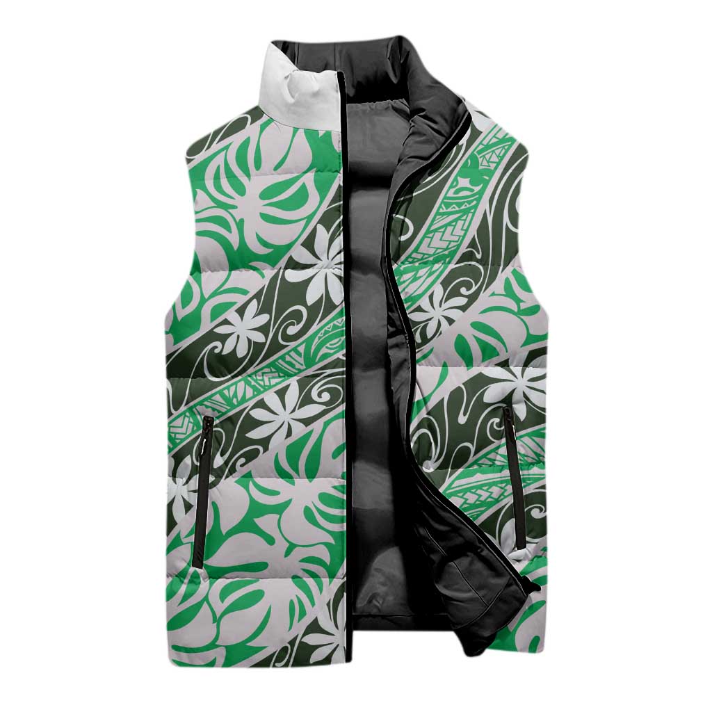 Matie Tahiti Tiare Monstera Sleeveless Puffer Jacket Polynesian Pattern Curve Style - Polynesian Pride