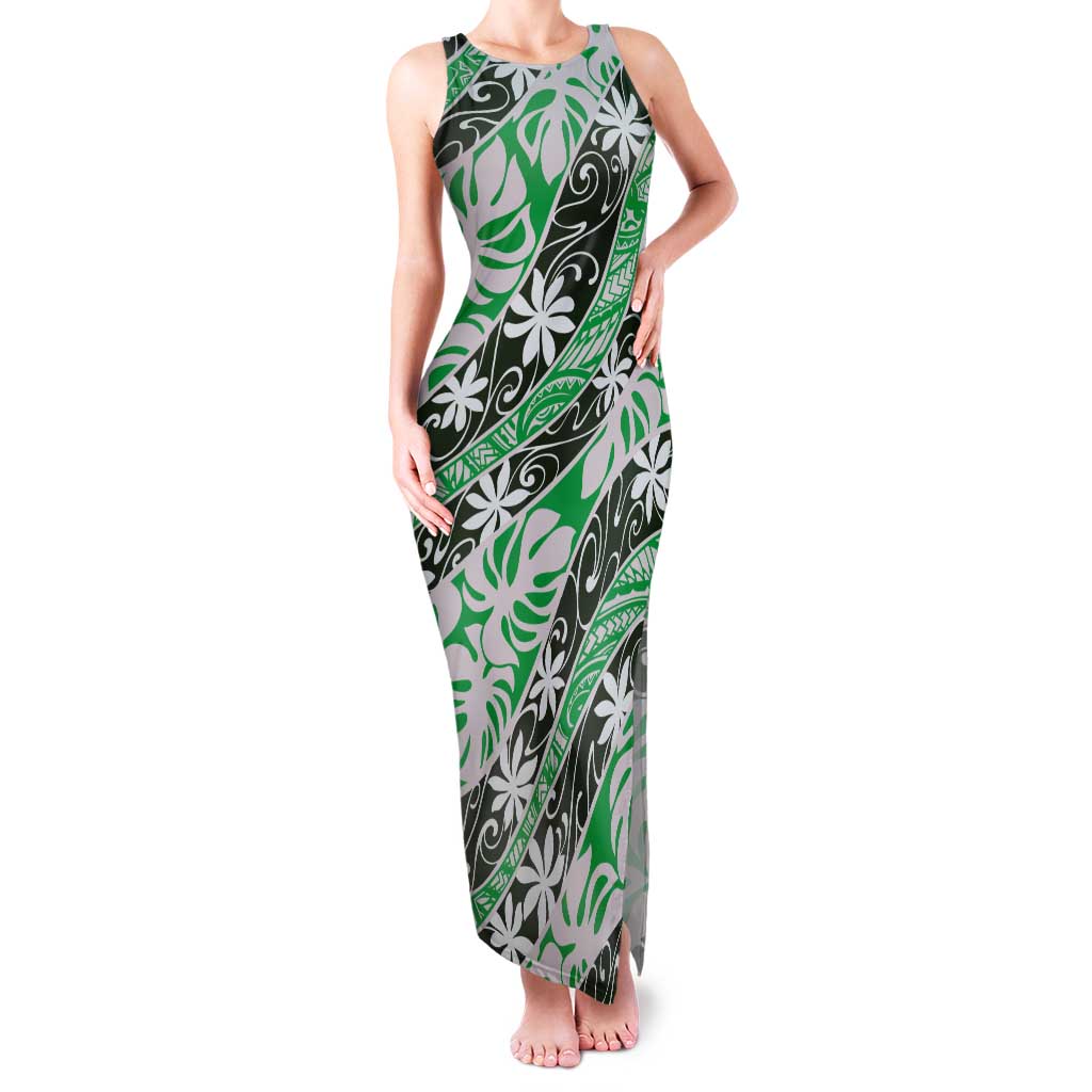 Matie Tahiti Tiare Monstera Tank Maxi Dress Polynesian Pattern Curve Style - Polynesian Pride