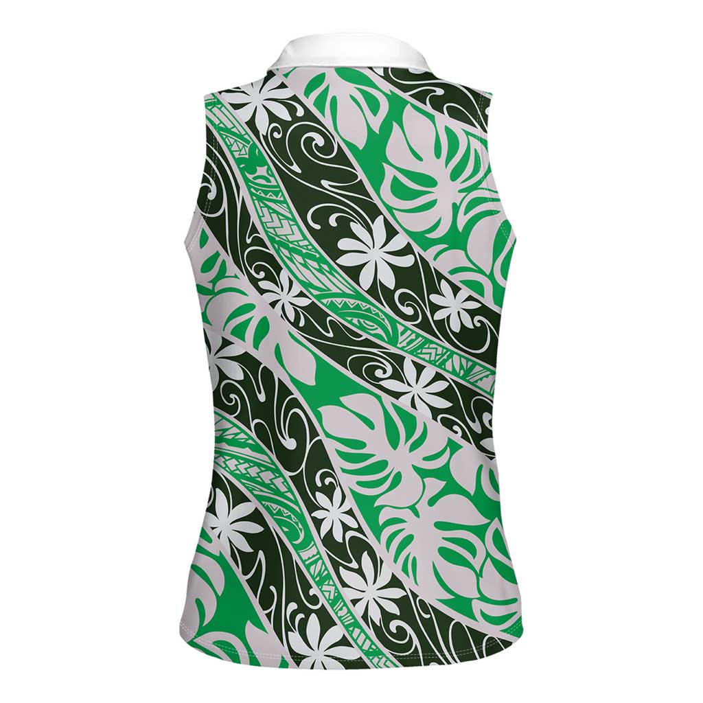 Matie Tahiti Tiare Monstera Women Sleeveless Polo Shirt Polynesian Pattern Curve Style - Polynesian Pride