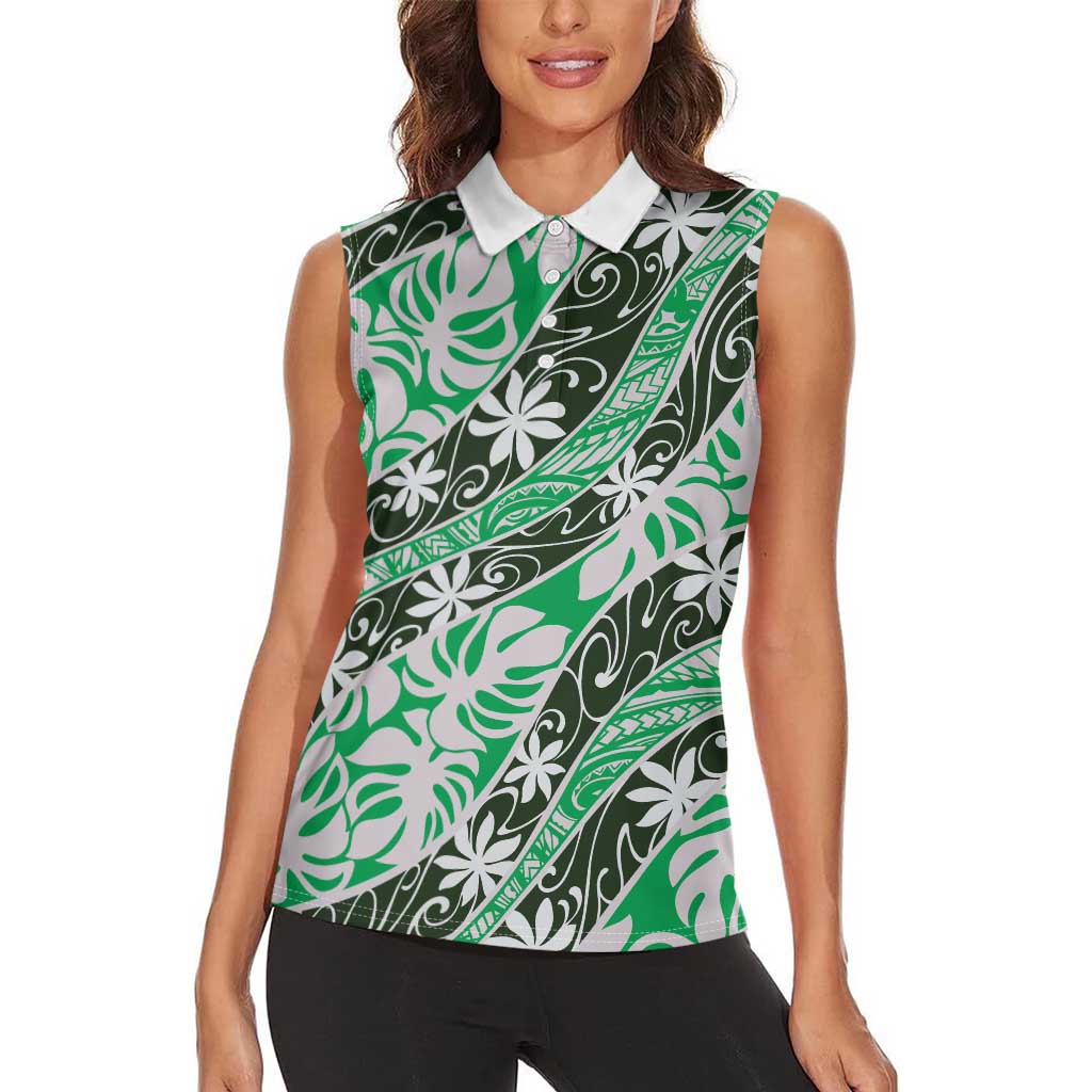 Matie Tahiti Tiare Monstera Women Sleeveless Polo Shirt Polynesian Pattern Curve Style - Polynesian Pride