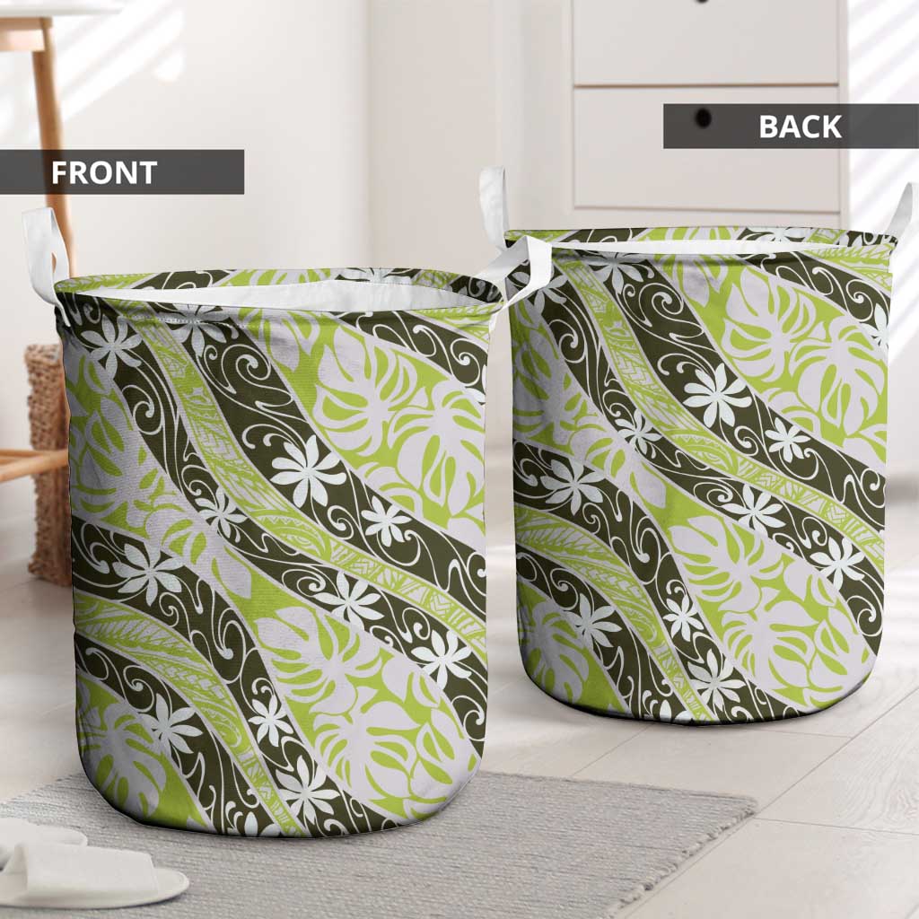 Olive Tahiti Tiare Monstera Laundry Basket Polynesian Pattern Curve Style - Polynesian Pride