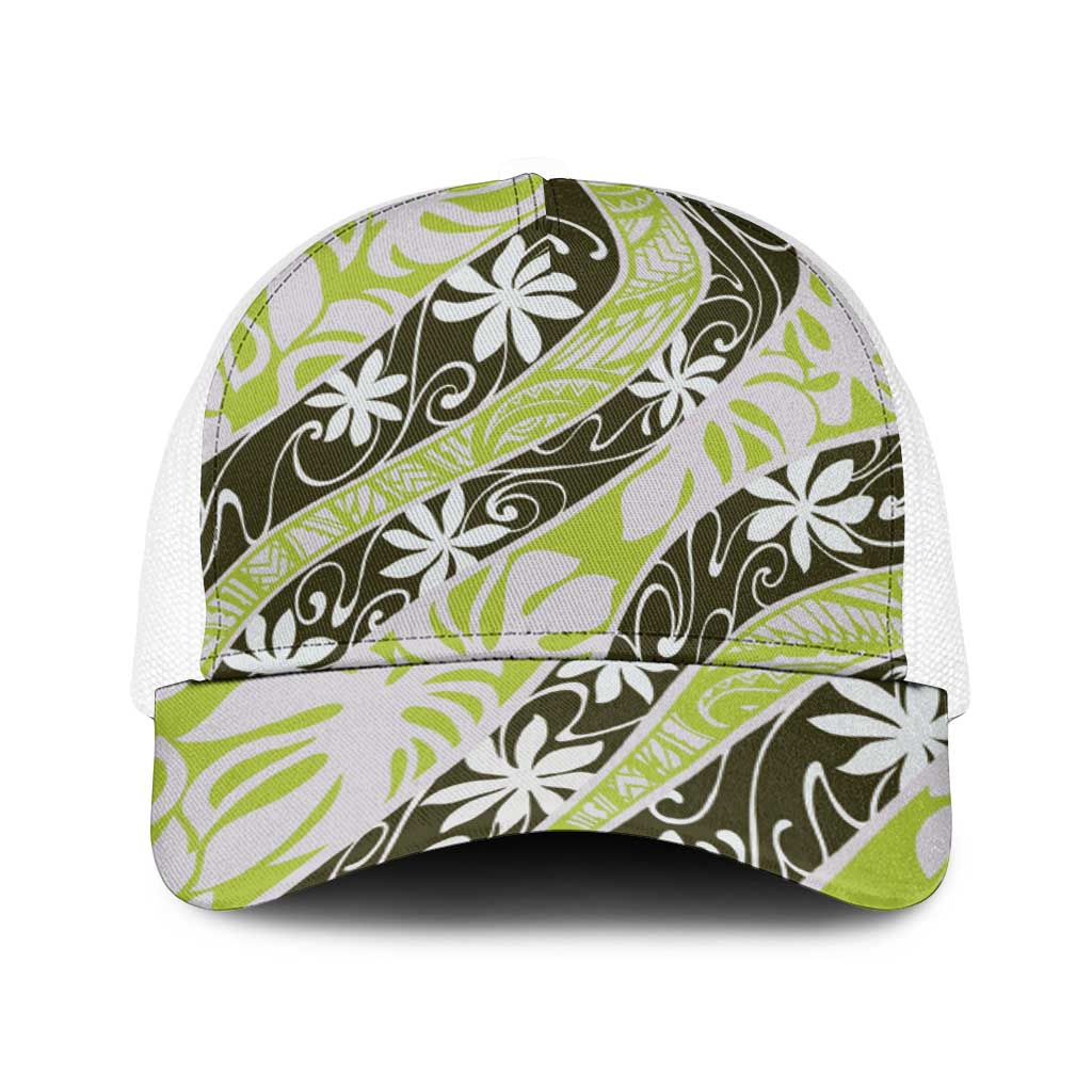 Olive Tahiti Tiare Monstera Baseball Net Cap Polynesian Pattern Curve Style - Polynesian Pride